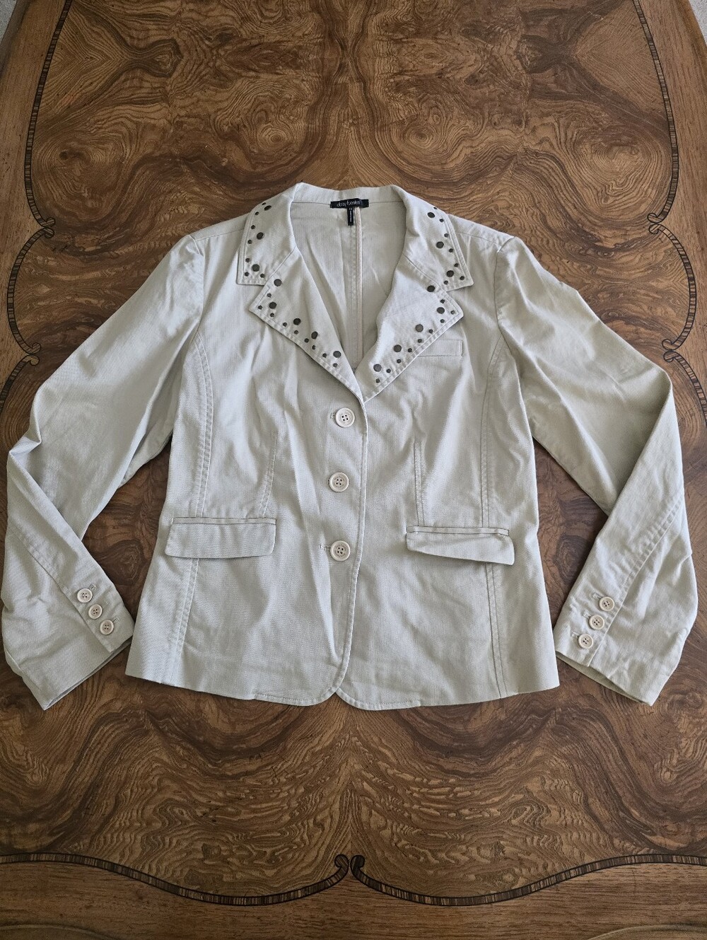 Daisy Fuentes Beige Studded Lapel Cotton Blend Blazer Jacket Womens Size 12